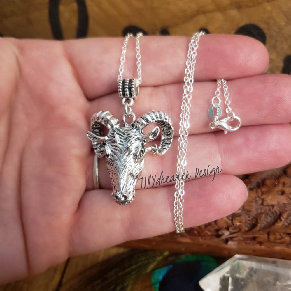 Aries Ram Big Horned Sheep 925 Sterling Necklace Zodiac Birth Sign Viking Unisex